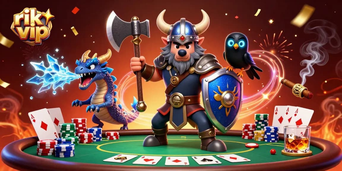 Engage with rik vip's thrilling poker game featuring a Viking warrior, dragon, and raven.