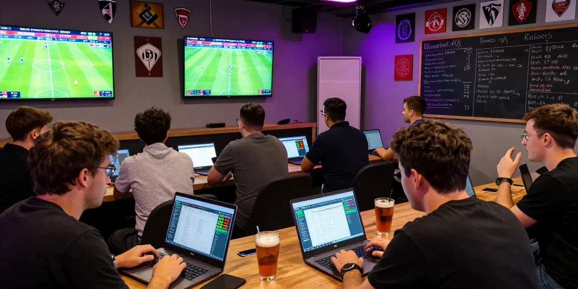 Real-time nhận định kèo bóng đá in a vibrant sports betting hub with enthusiastic gamblers analyzing odds and match statistics