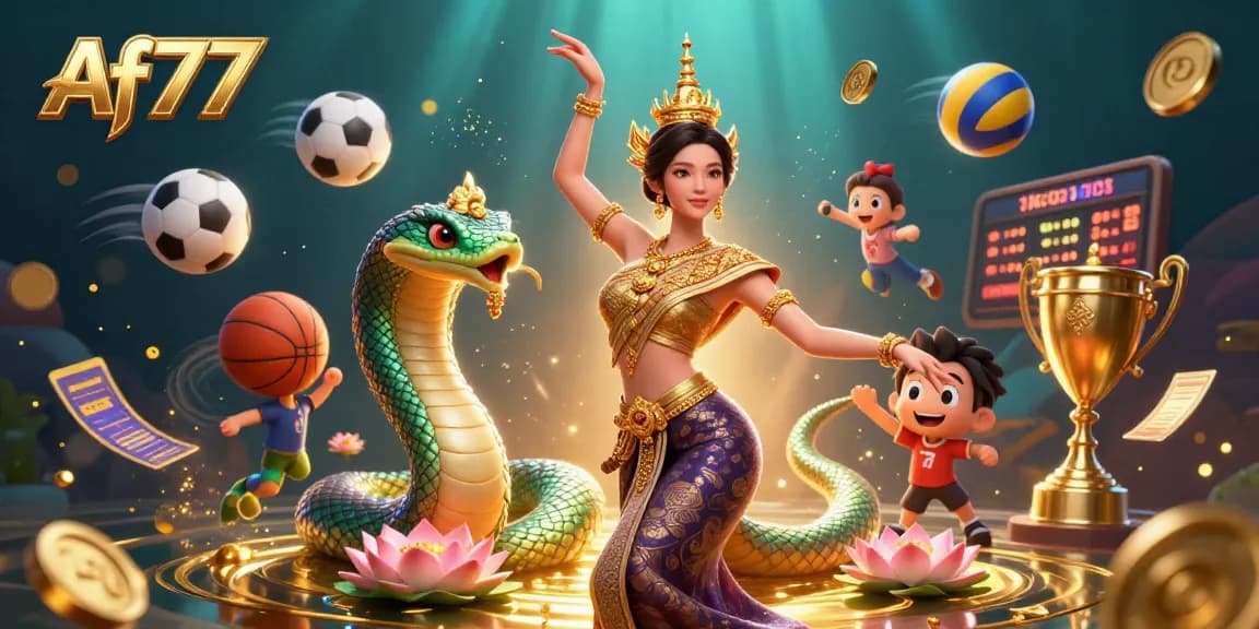 A thrilling Af77 gaming adventure with a Thai dancer, Naga serpent, and dynamic sports elements.
