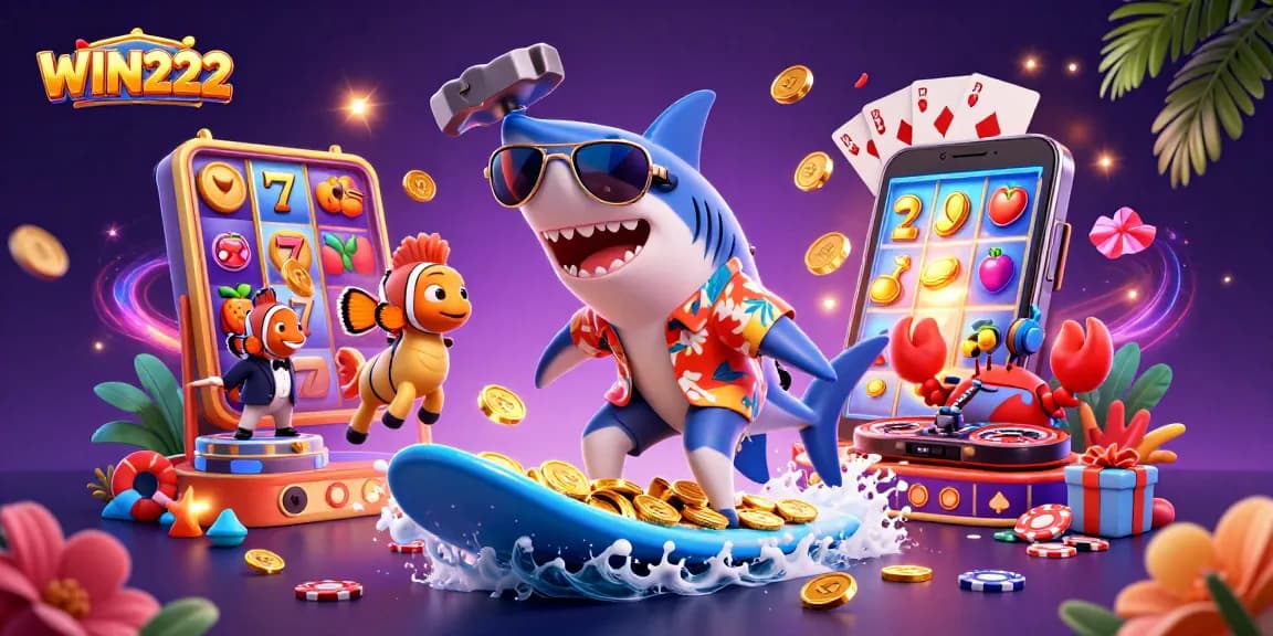 Win222’s vibrant illustration showcases a shark, clownfish, and crab celebrating online casino games.
