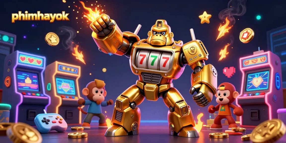 Engage in thrilling gameplay with phimhayok's luxurious golden gorilla mech amidst dynamic casino elements.