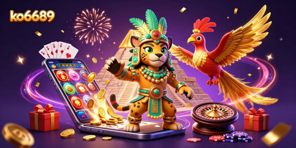 Spin to win with ko6689: A vibrant 3D illustration featuring a Mayan jaguar and gaming elements.