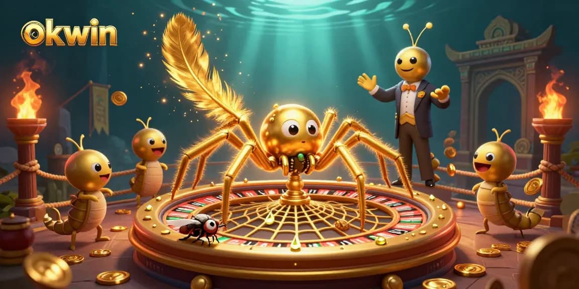 Engage with exciting okwin gameplay in this dynamic casino scene featuring a roulette wheel and animated characters.