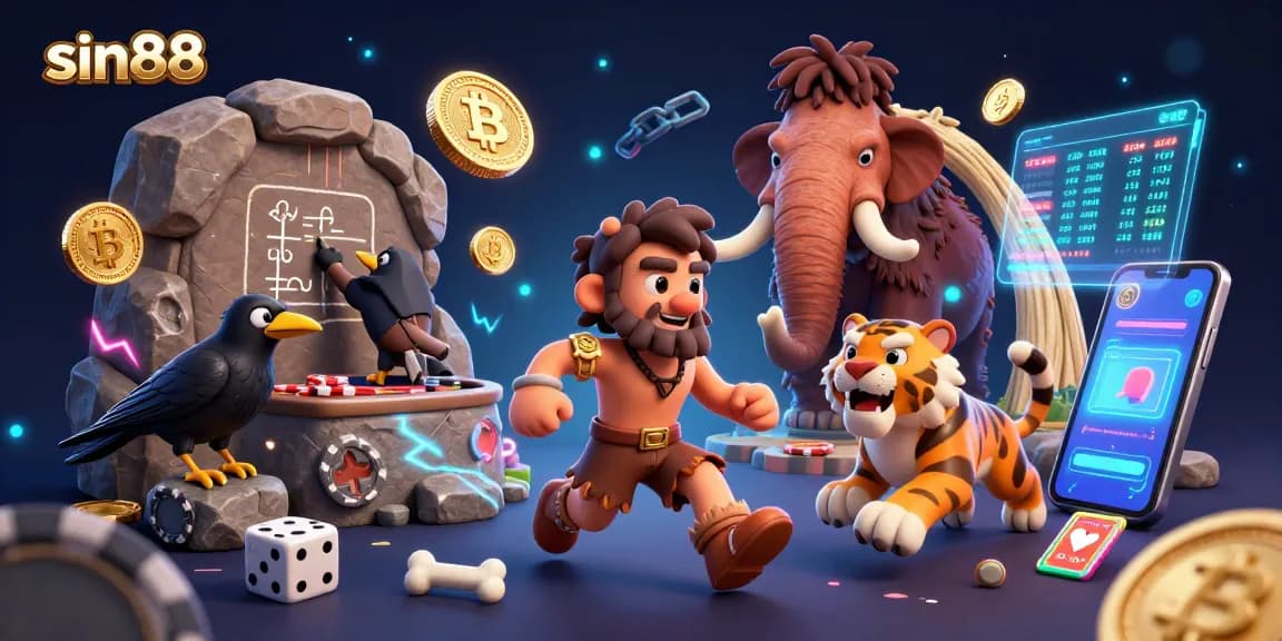 Experience the vibrant sin88 casino scene with a caveman and sabertooth tiger amidst Bitcoin elements.