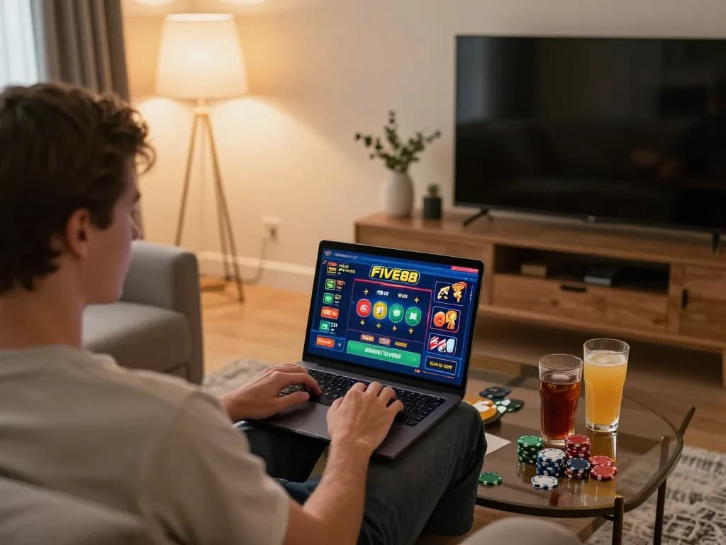 Experience the thrill of online gaming with FIVE88 casino interface on a laptop in a cozy living room