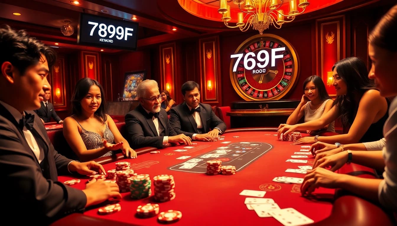 Players enjoying a thrilling poker game at 789f casino, surrounded by colorful chips and cards.