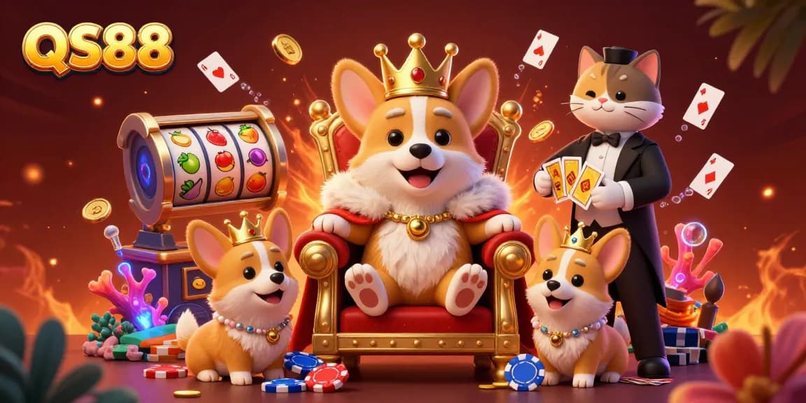 Experience thrilling gameplay at QS88, featuring a royal corgi and a golden card deck amidst dynamic gambling elements.