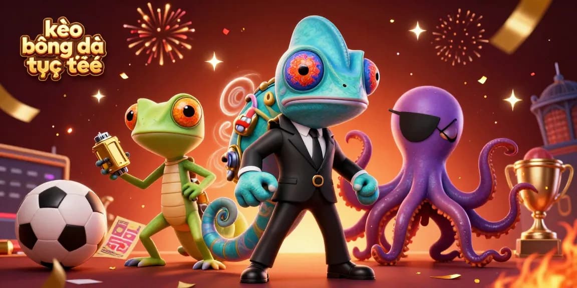 Engage in dynamic sports betting with kèo bóng đá trực tuyến, showcasing chameleon agents and betting slips.