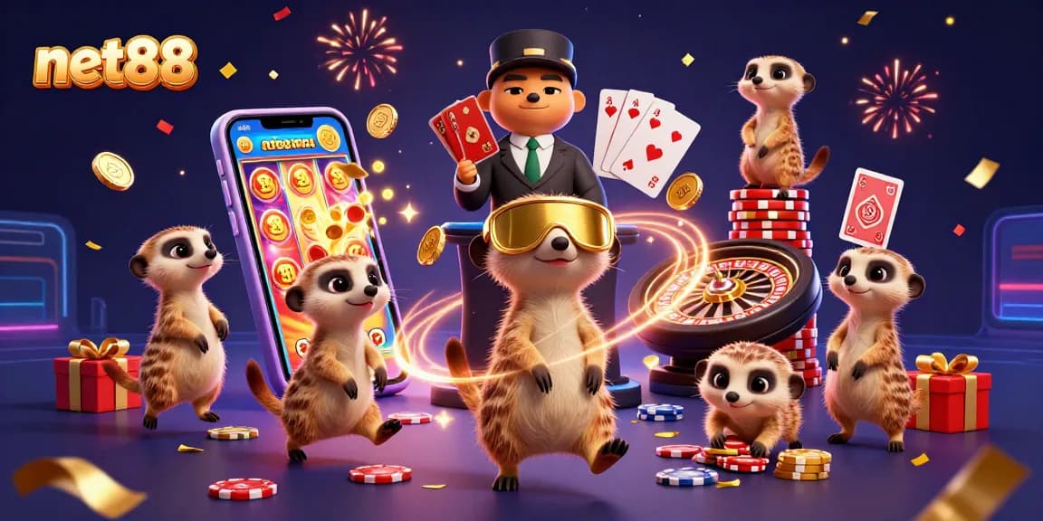 Net88 meerkats managing a lively casino with colorful games and energetic elements.