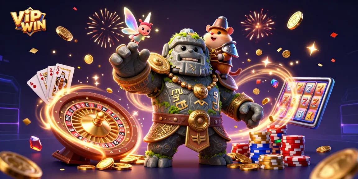 Winning at VIPWIN with exciting gaming characters among sparkling casinos elements and vibrant decorations