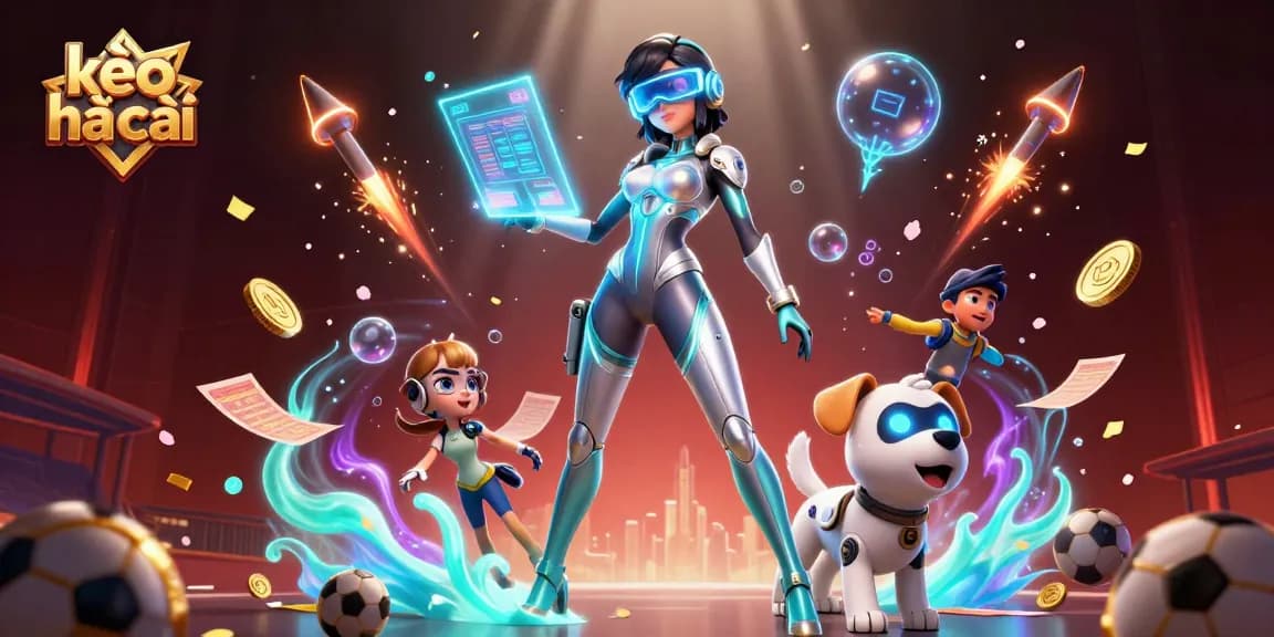 Place bets and enjoy kèo nhà cái with vivid 3D characters and sports elements in a lively casino scene.