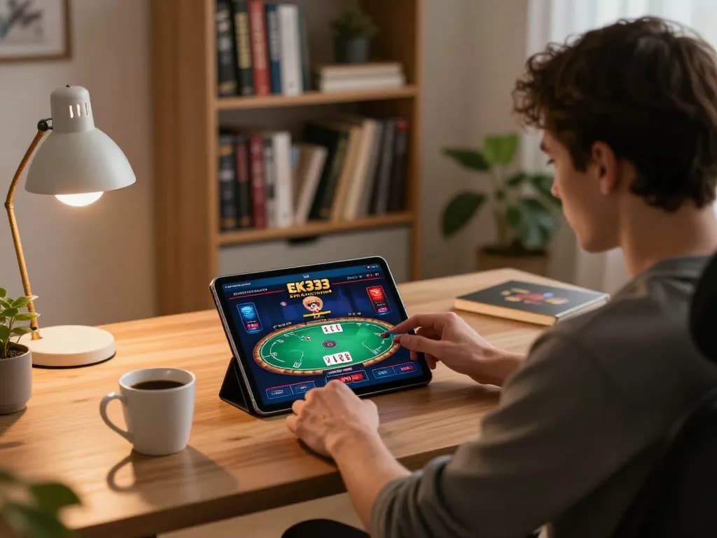 Engaging in strategic play on EK333 online casino app from cozy home setup with tablet and coffee.