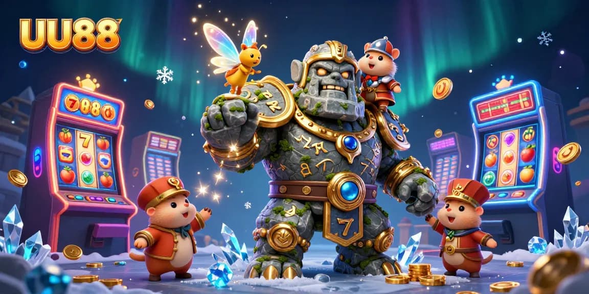 Experience the excitement of gambling with UU88's dynamic casino slot scene featuring enchanting characters and vibrant game elements.