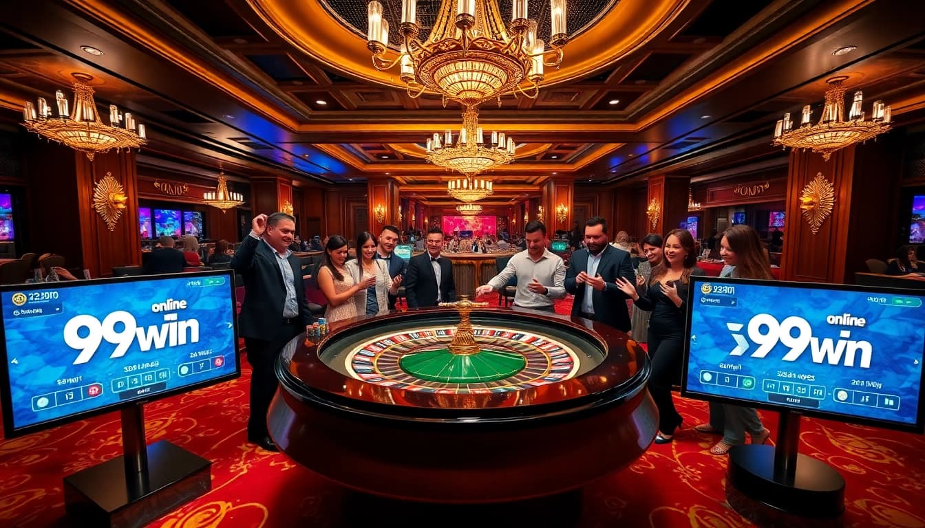 Players enjoy an exciting game at a 99win roulette table in an opulent casino setting.
