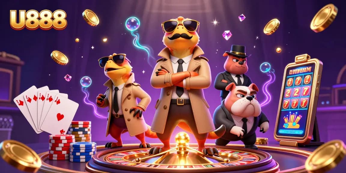 Engage with U888's thrilling VIP experience as cartoon raptors attempt entry into a vibrant casino.