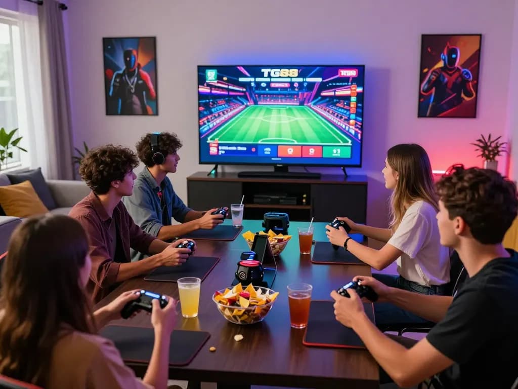 Exciting group of gamers engaging with the TG88 online betting platform in a vibrant living room setting.
