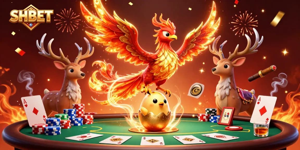 Experience SHBET's vibrant casino atmosphere featuring a soaring phoenix and poker elements.