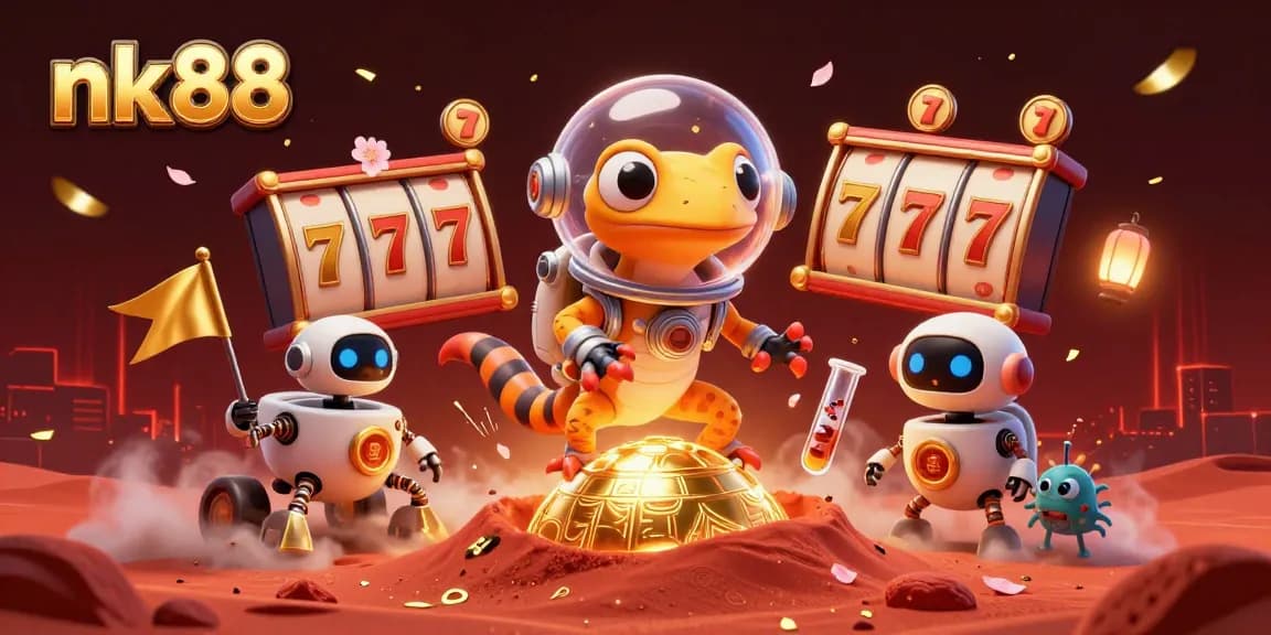 Experience nk88's thrilling gameplay at a vibrant golden casino with colorful slot reels.