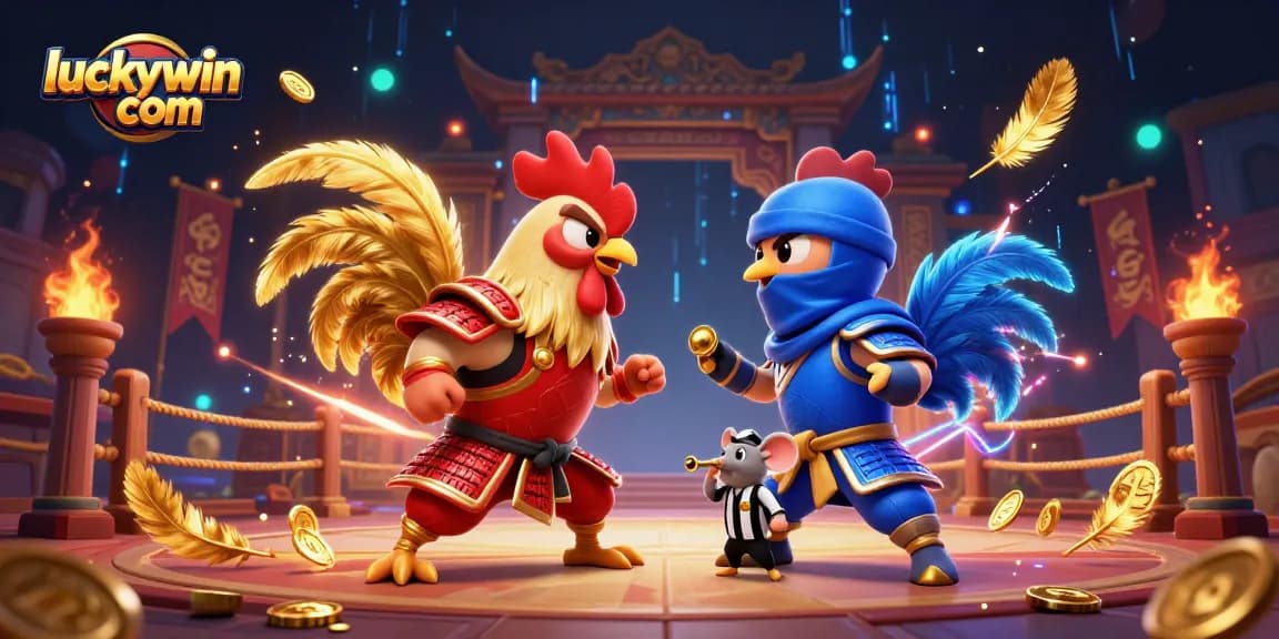 Engage with exhilarating matches at luckywin com, featuring 3D cartoon roosters and a vibrant casino backdrop.