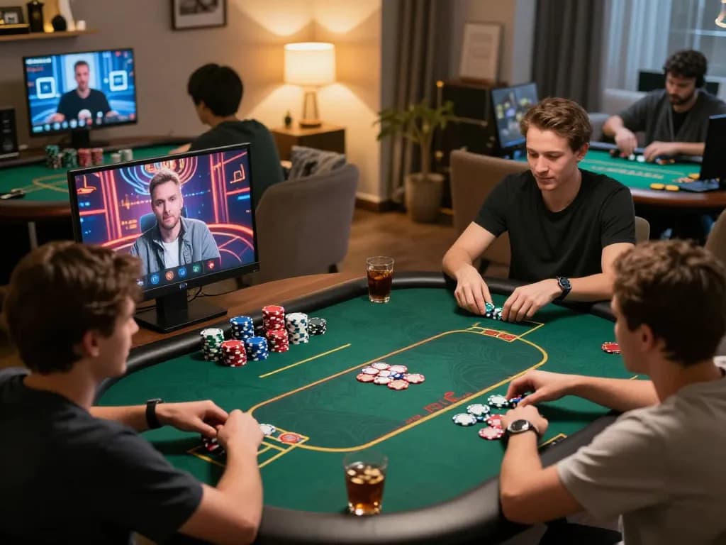 uu88 players engaged in an intense online poker game, showcasing vibrant virtual backgrounds and strategic betting.