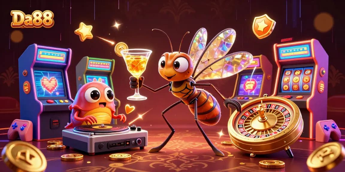 Experience excitement at Da88 with a dynamic casino-themed scene featuring animated 3D characters.