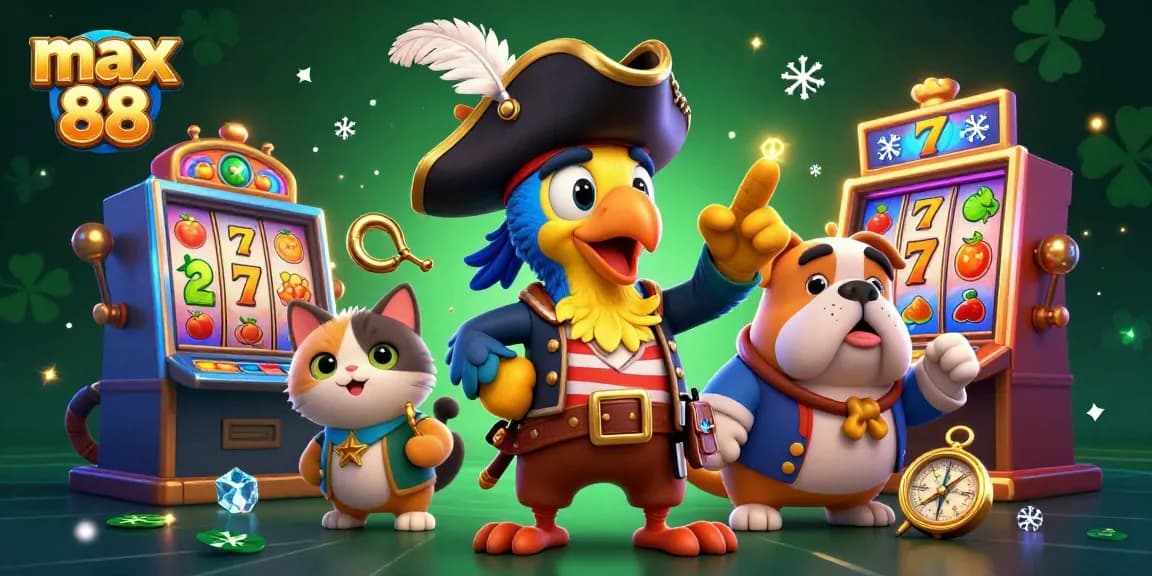 Engaging scene at max 88 showcases a colorful animated pirate captain, a bulldog, and a cat amid bright slot machines.