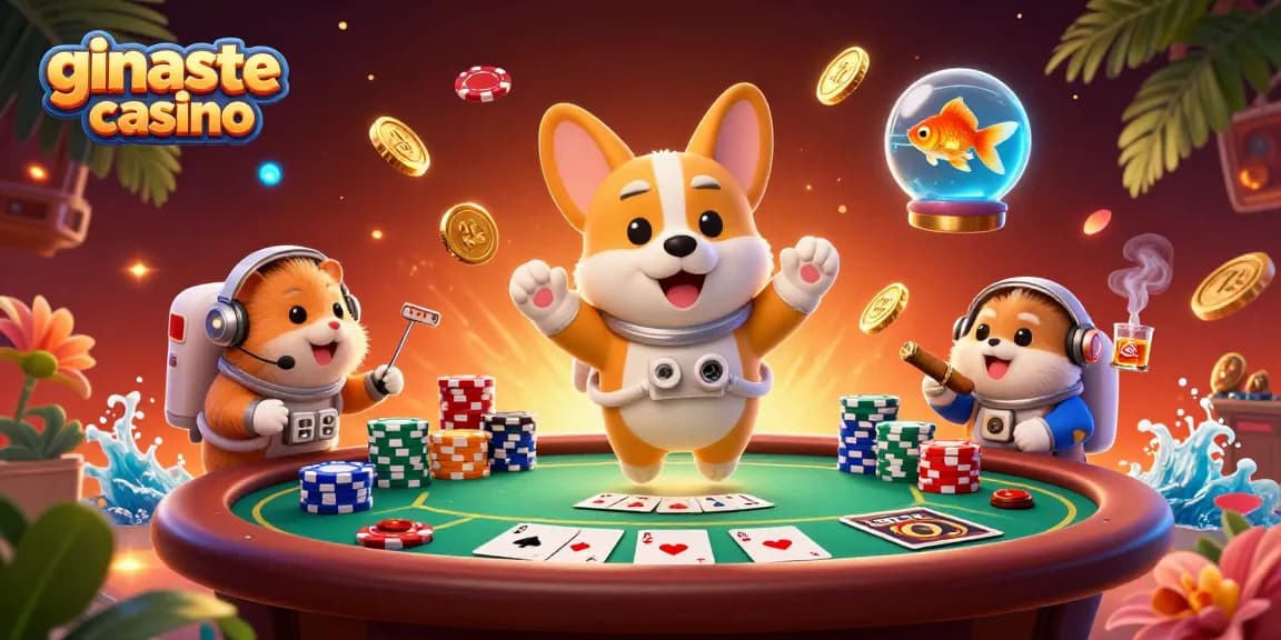 Engage with ginaste casino in a vibrant zero-gravity space station atmosphere, featuring a cartoon astronaut corgi.