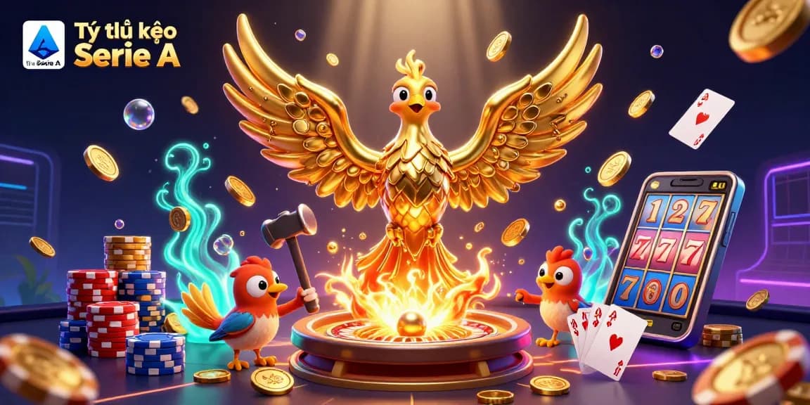Tỷ lệ kèo Serie A illustrated with golden phoenix, coins, and casino elements for betting enthusiasts