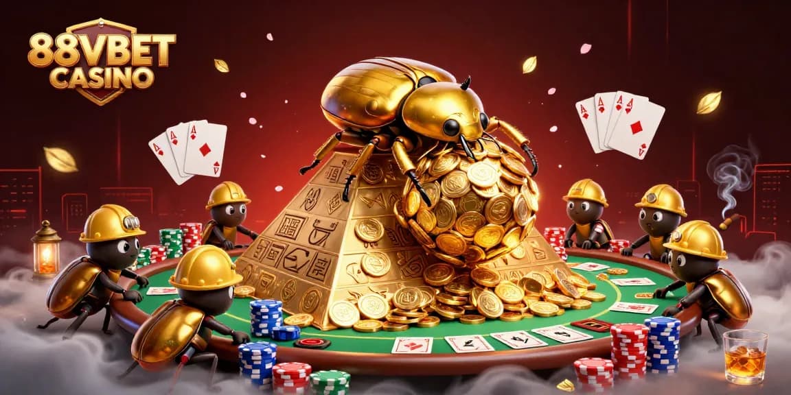 Engage in exciting gameplay at 88VBET CASINO with a vibrant illustration of a golden beetle rolling coins.