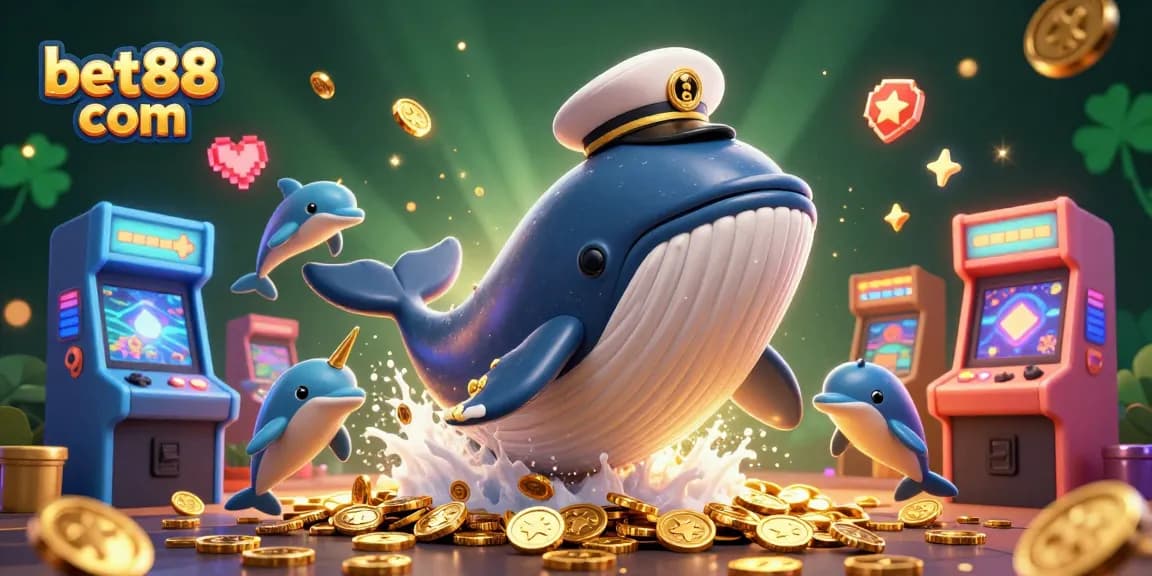 Experience the excitement of bet88 com with a 3D cartoon whale and playful dolphins in a colorful casino scene.