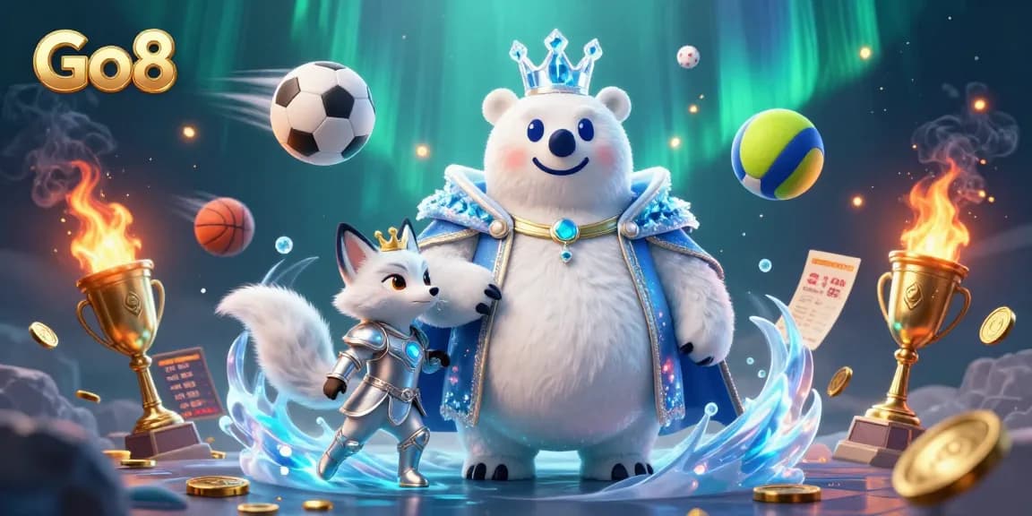 Go8 showcases an epic scene with a polar bear king and snow fox, vibrant game elements highlighting sports betting.