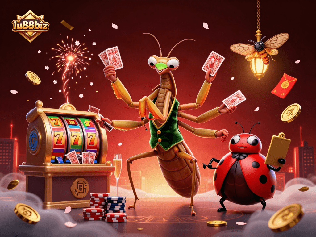 Watch the giant praying mantis chip dealer at lu88biz shuffle cards and pour winning champagne