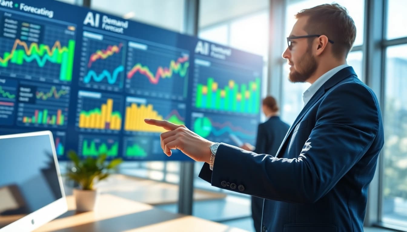 Optimize AI demand forecasting with a skilled analyst visualizing predictive data trends.