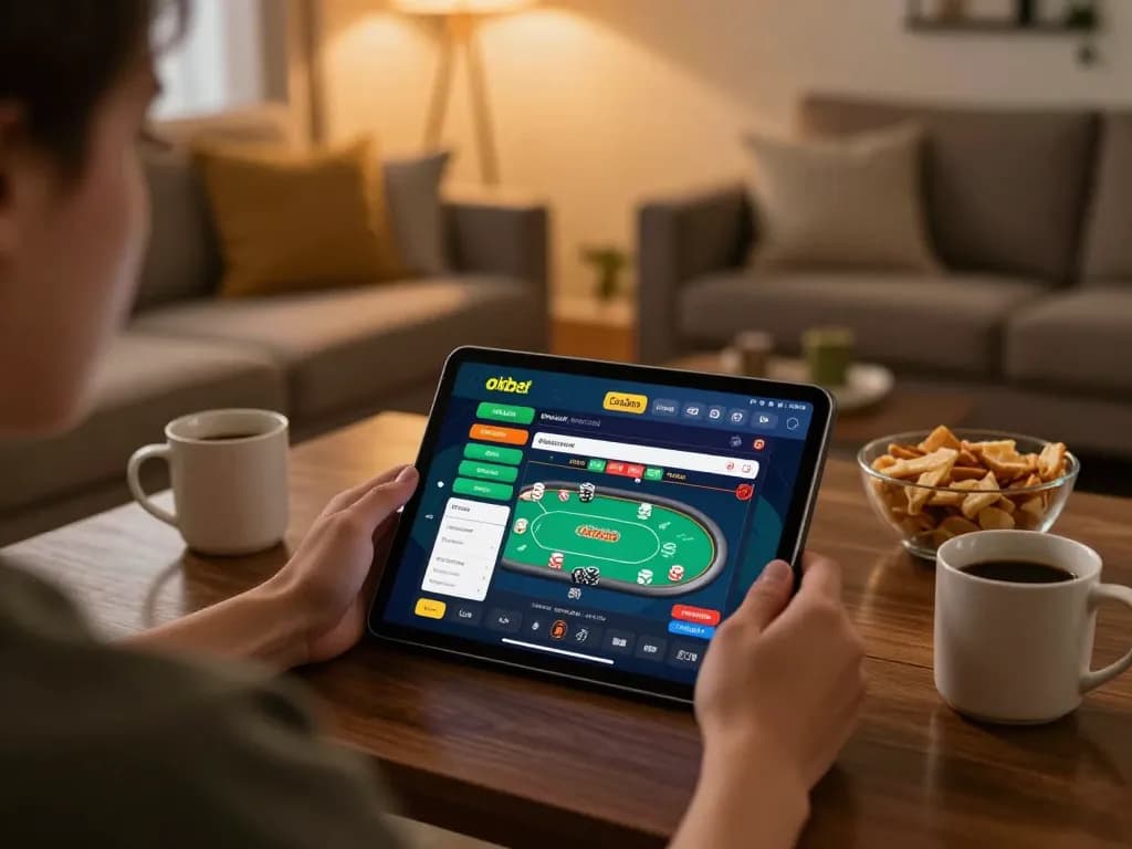 Engaging with the oxbet casino app on a tablet for online poker in a cozy home setting.