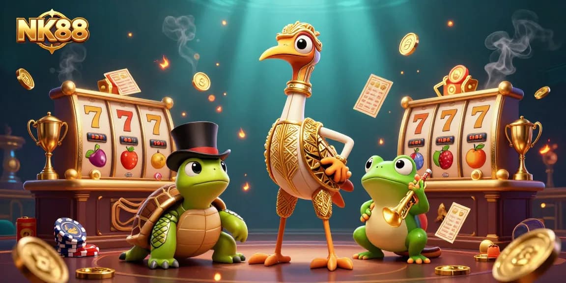 Experience the thrill of NK88 with a vibrant 3D casino scene showcasing colorful characters and exciting slot elements.