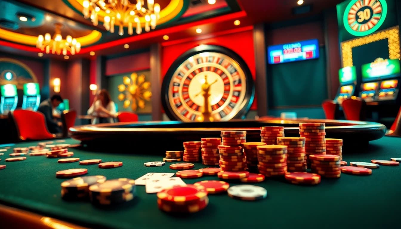 Experience the thrill of a luxurious casino with vibrant poker and dice action for a 7m betting adventure.