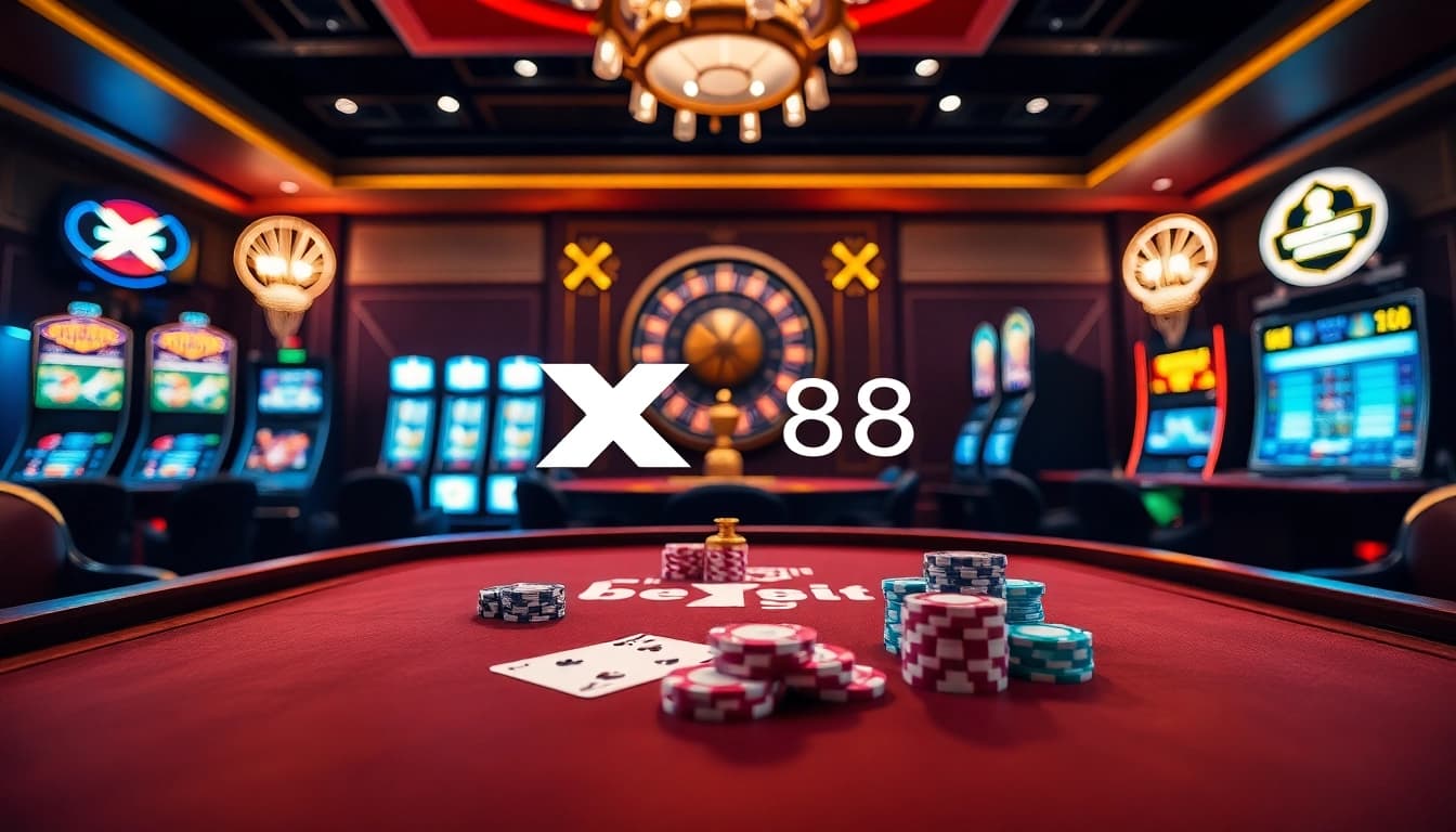 Engage with the immersive casino experience at XX 88 featuring vibrant poker chips and a roulette wheel.