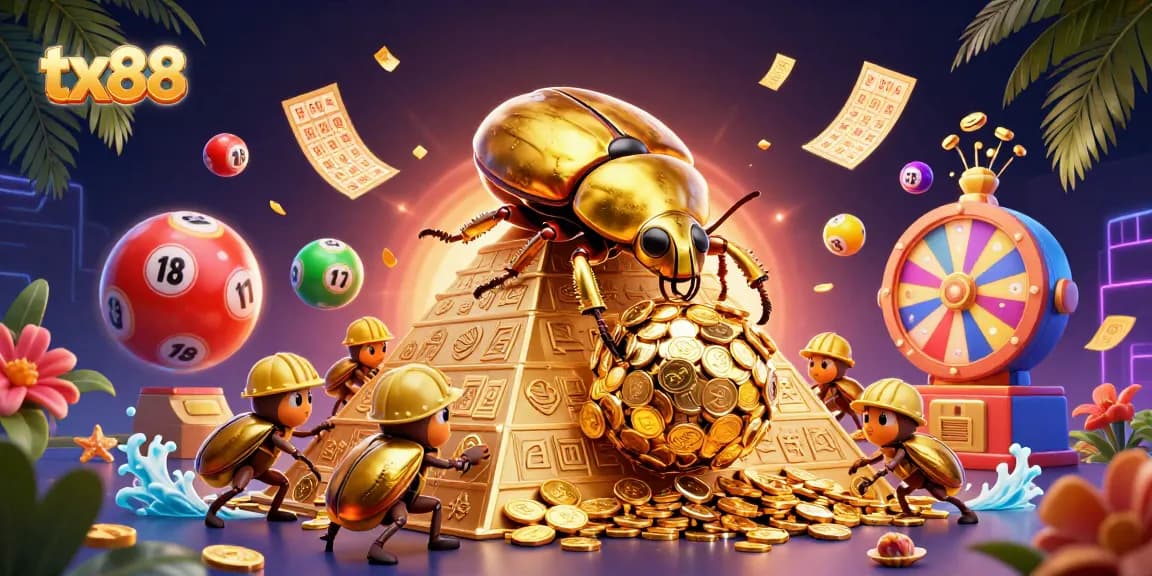 Experience tx88's vibrant casino atmosphere with a golden beetle rolling coins amidst dynamic gaming elements.