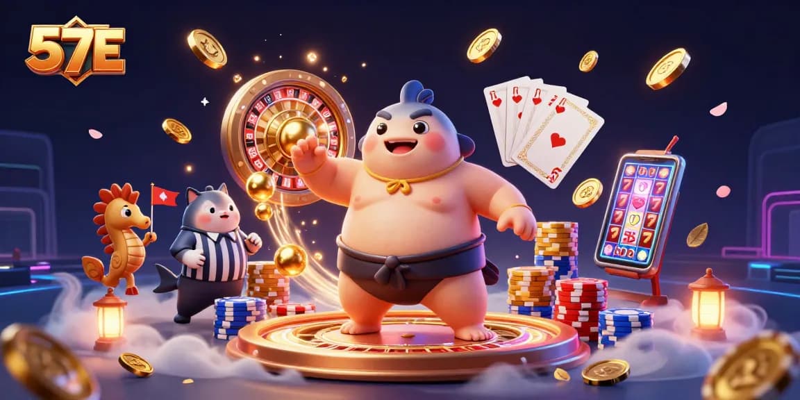 Immerse in thrilling gameplay at 57E with a fun underwater casino scene featuring a blowfish and catfish referee.