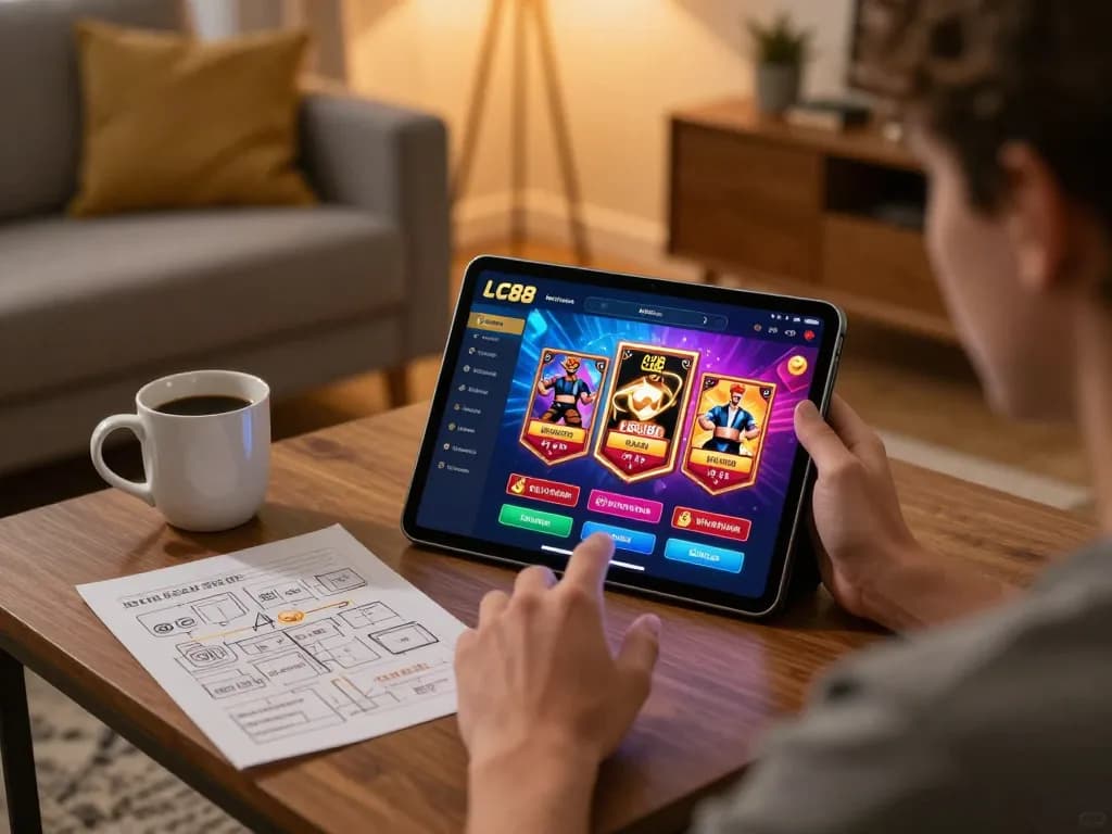 User enjoying online gambling experience on trang chủ lc88 in a cozy setting with a tablet and strategy notes.