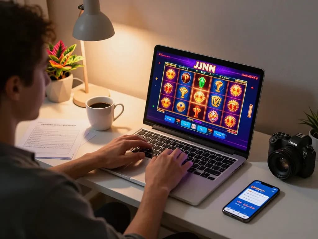 Engaging in exciting JJNN online slots gameplay from the comfort of home with a laptop.