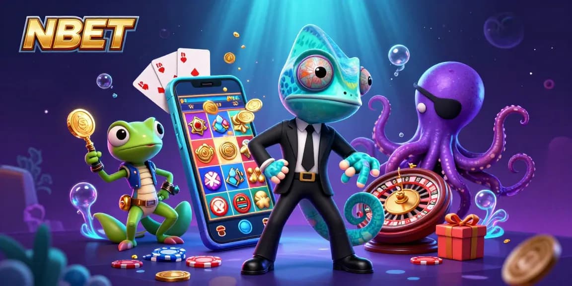 Experience winning moments with NBET in this vibrant 3D slot-themed illustration featuring a chameleon agent.