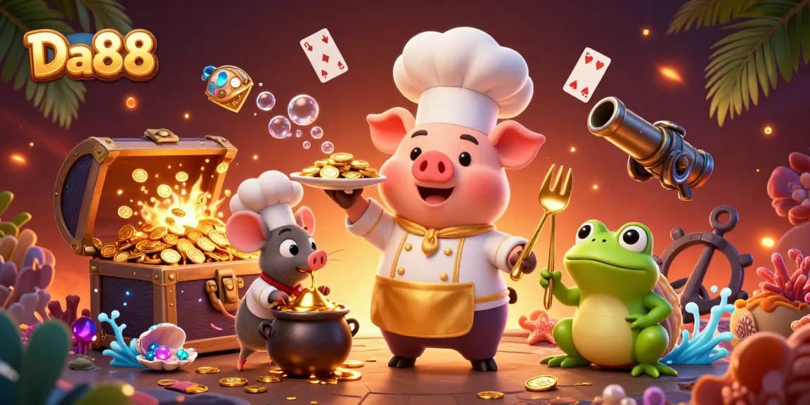 Win rich rewards at Da88 with an engaging casino illustration featuring a chef pig and gold treasures.