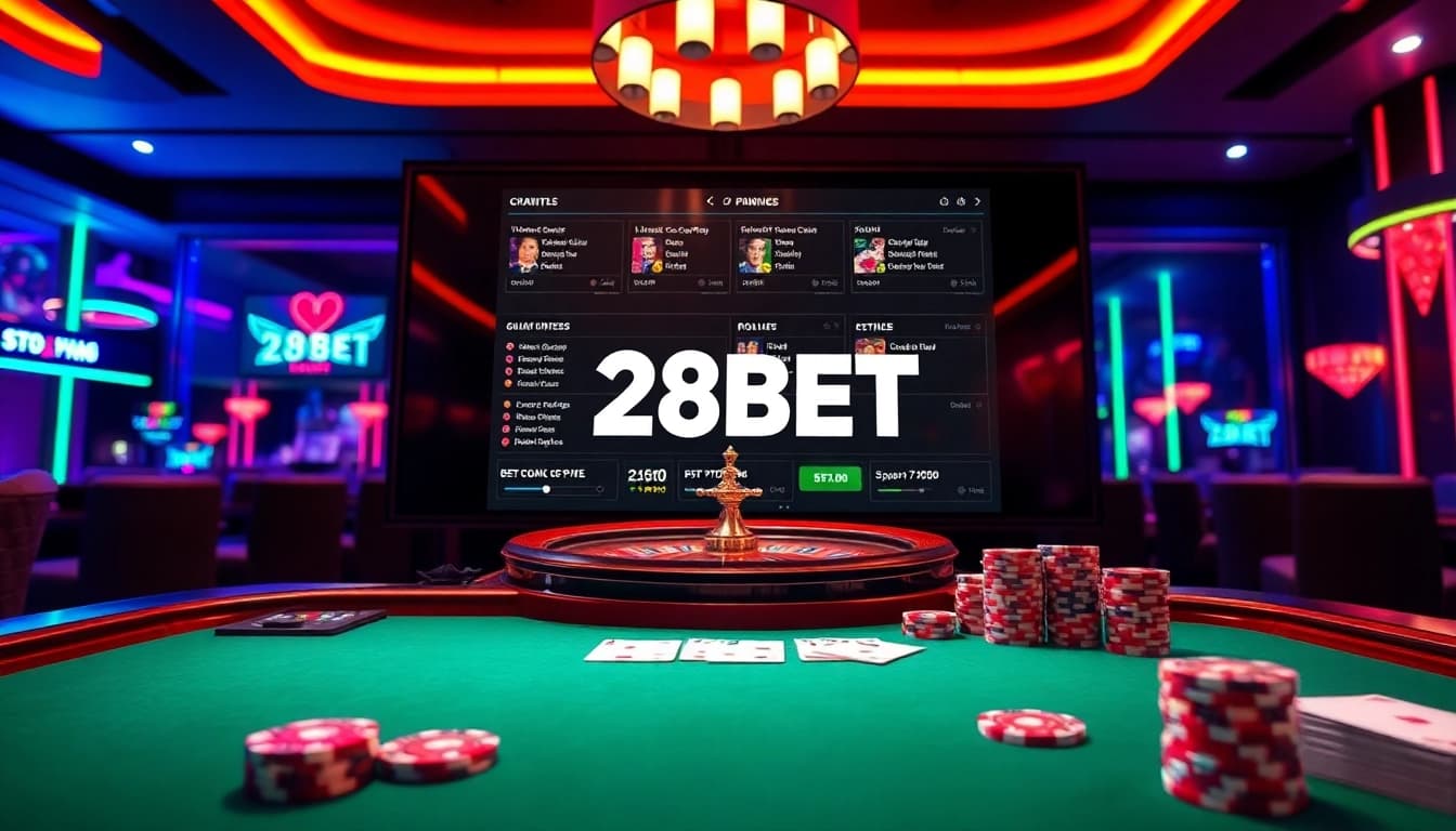 Immerse in the thrilling atmosphere of 28BET with poker chips and roulette wheels!