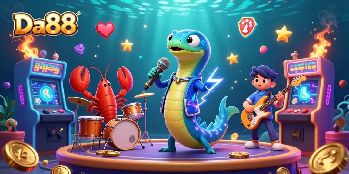 Experience an electrifying performance at Da88's underwater casino with vibrant characters and arcade elements.