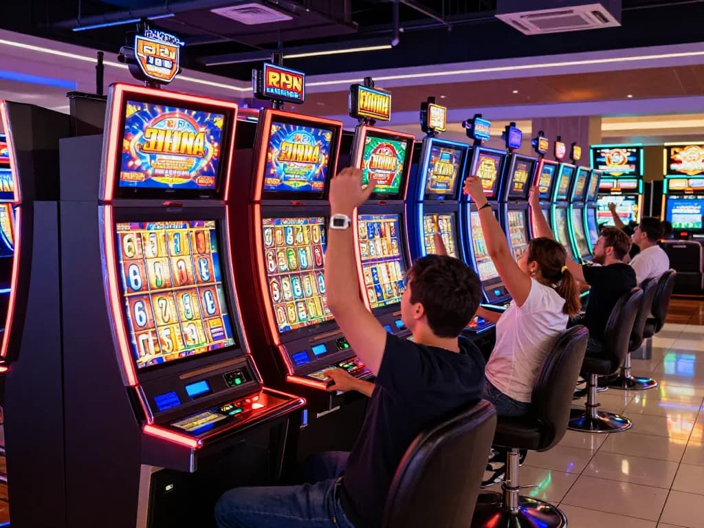 Engaged players celebrating wins at slot machines, showcasing va88 gaming excitement