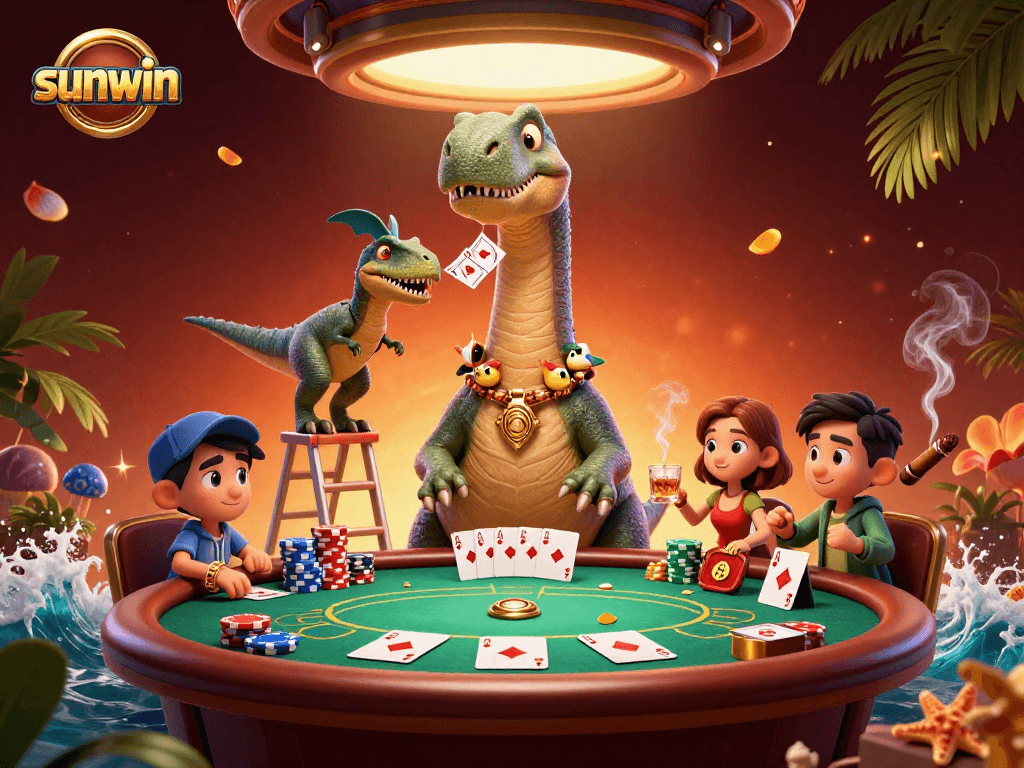 Engage with sunwin as a playful brontosaurus observes the poker action from above, enhancing your gaming experience.