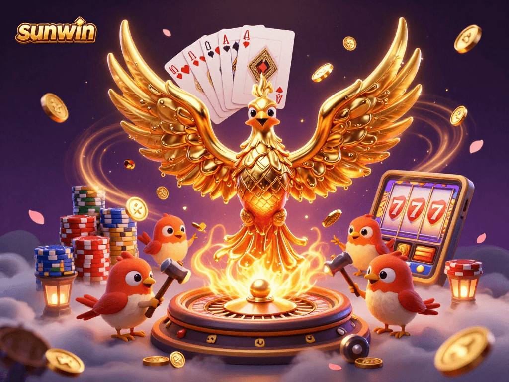 Engage with stunning sunwin gaming graphics featuring a molten golden phoenix amidst dynamic casino elements.