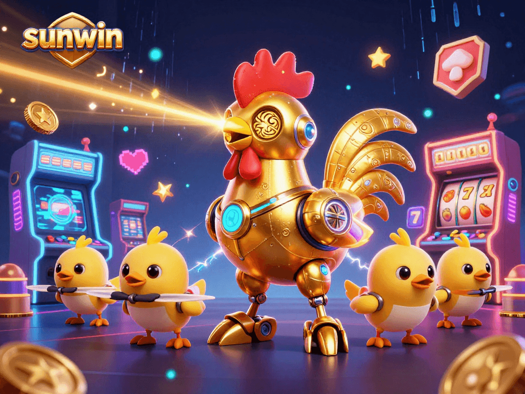 Experience thrilling moments with sunwin, featuring a golden rooster robot at a vibrant casino.