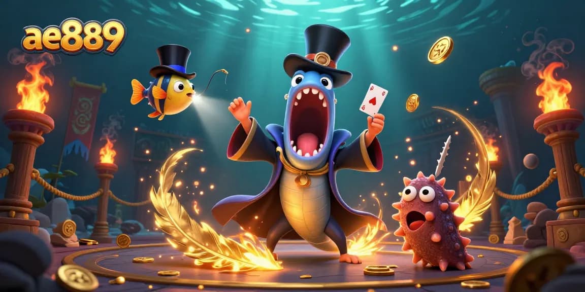 Experience excitement at ae889 with vibrant gaming characters performing magic tricks in an ocean setting.